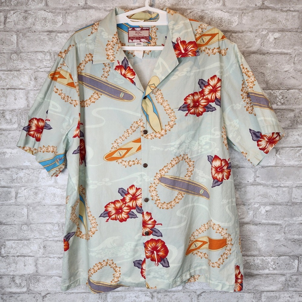 RJC Hawaiian Shirt Vintage Surfboard Hibiscus Floral Print Tropical Aloha 2XL‎